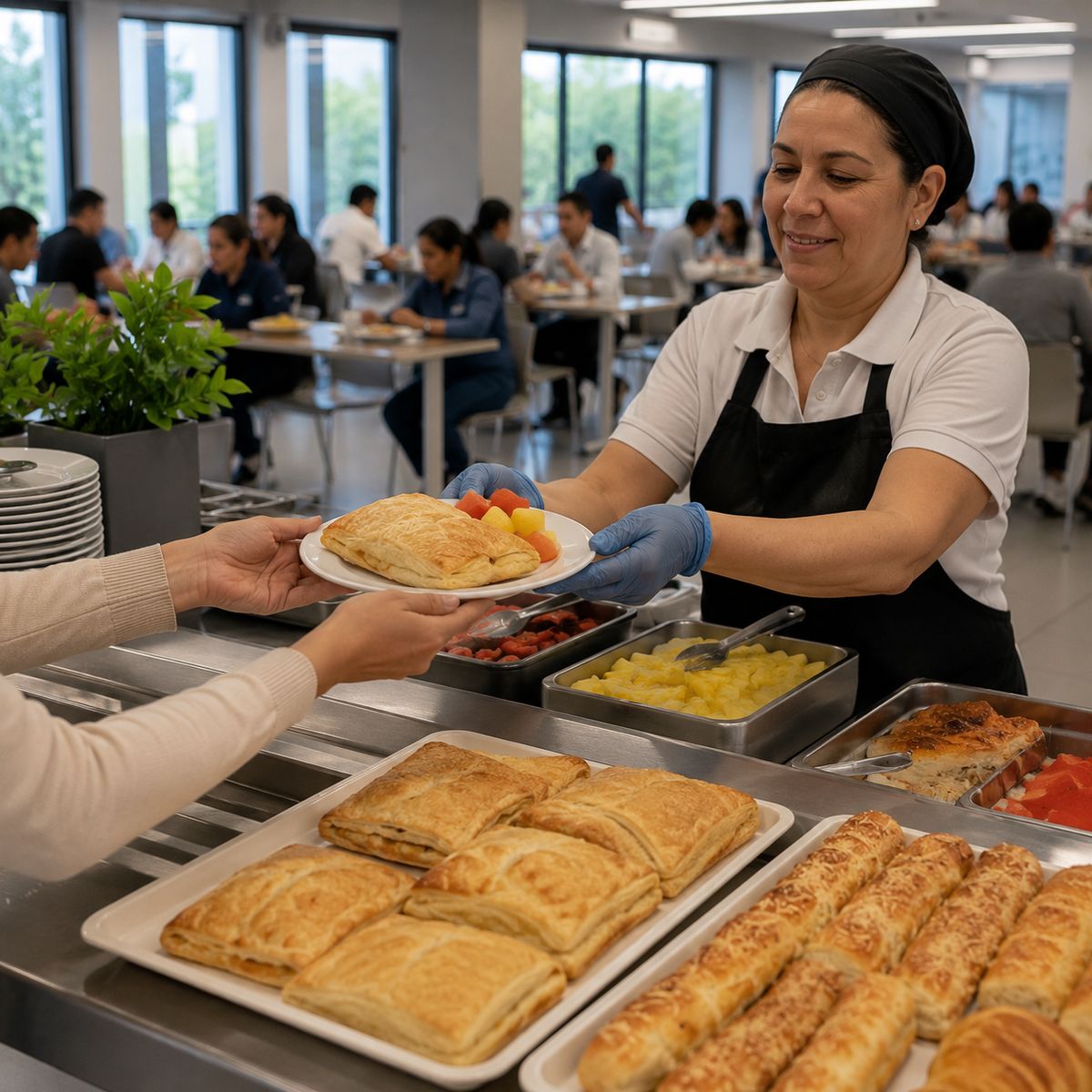 Comedor institucional sirviendo pasteles hojaldrados