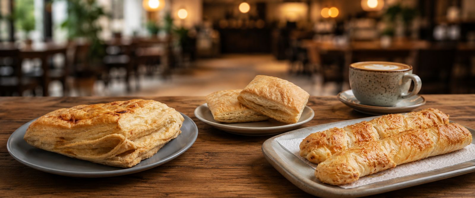 Pasteles hojaldrados de carne y de pollo servidos en una cafetería