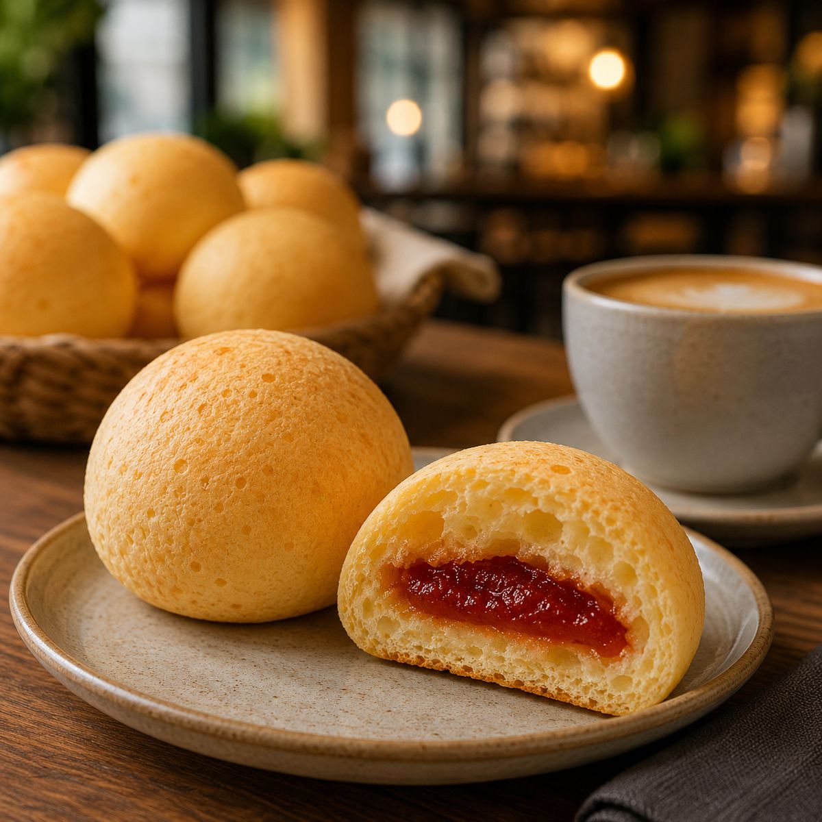 Pan de bono y pan de bono con bocadillo abierto, con café