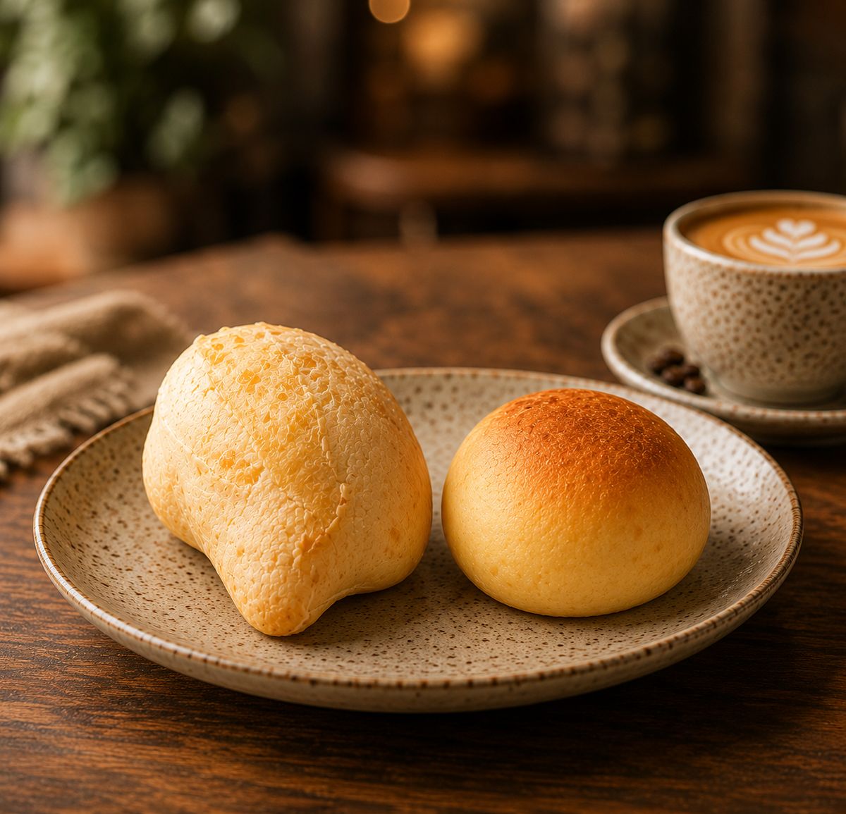 Pan de yuca y almojábana recién horneados sobre un plato, junto a un café